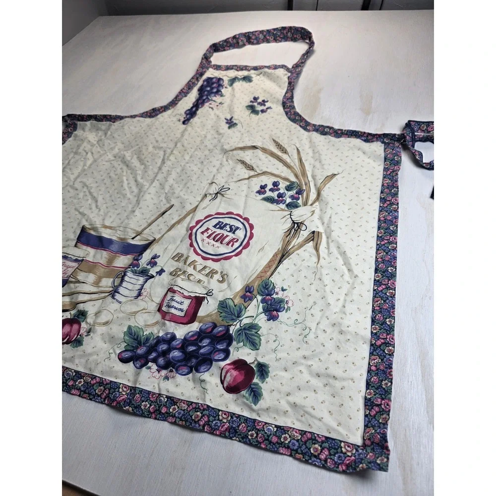 Vintage Cottagecore Bakers Best Fruit Floral Bib Apron Cream Purple Boho